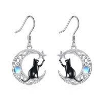 wholesale 925 Sterling Silver Cat On Moon With Star Earrings-Celtic Moon Cat