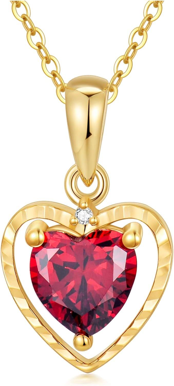 14K Yellow Gold Natural Garnet Heart Pendant Necklace 6mm 8mm-style1- 6mm