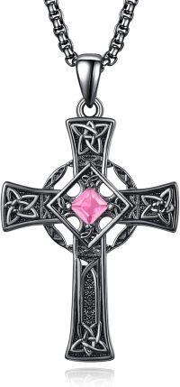 wholesale Sterling Silver Garnet Celtic Cross Necklace for Men 22 +2 Chain-Black-October