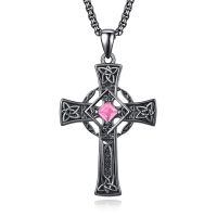 wholesale 925 Sterling Silver Garnet Celtic Cross Necklace for Men 22 +2 Chain-Black-October