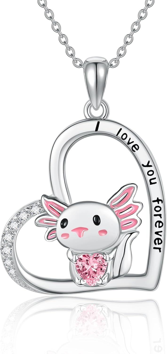 Sterling Silver Stone Animal Necklace for Women Heart Pendant Gift-axolotl