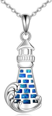 wholesale 925 Sterling Silver Blue Opal Lighthouse Pendant Necklace for Women Gifts-Lighthouse 3