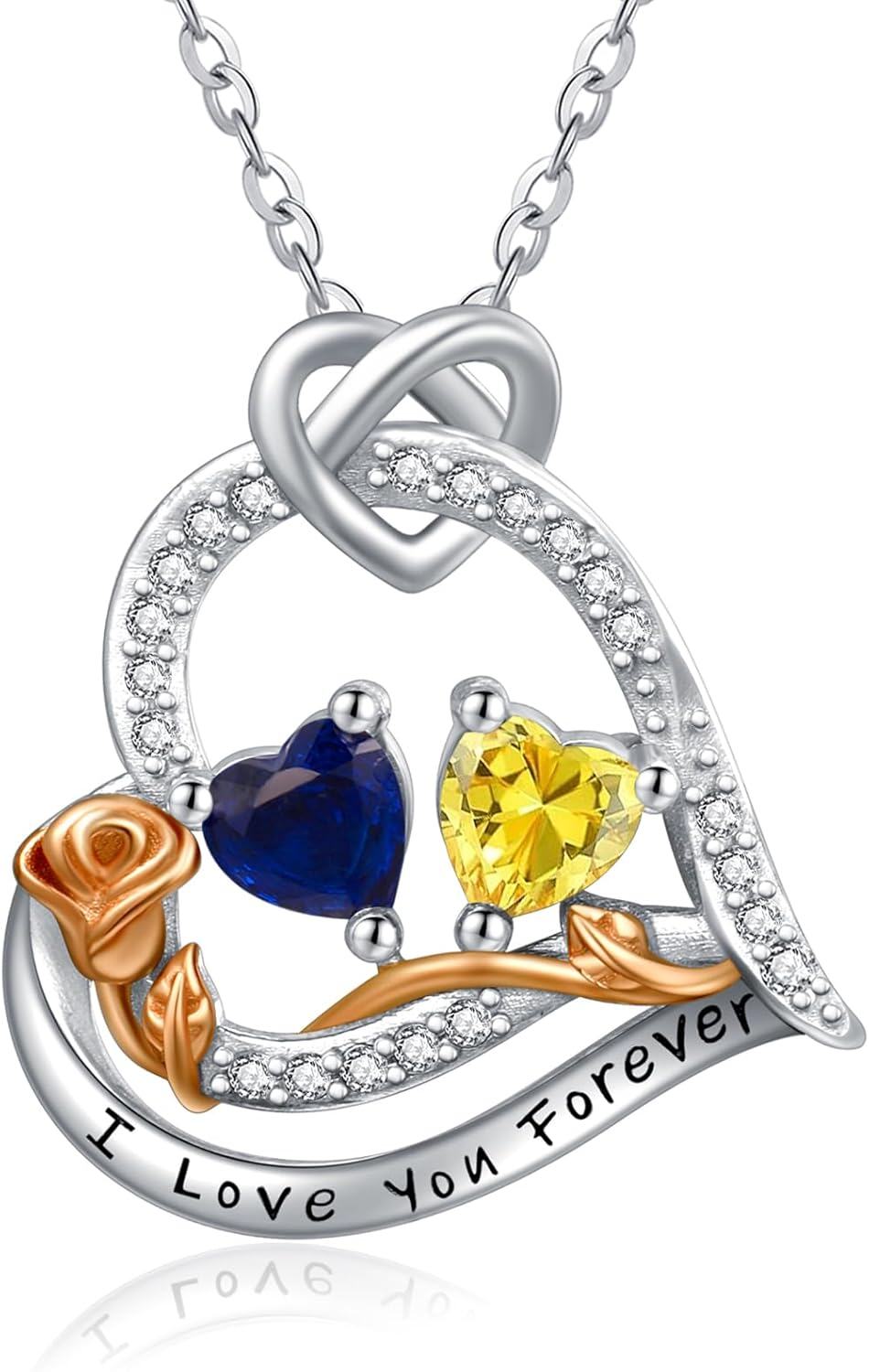  Sterling Silver 2 Birthstones Rose Heart Necklace for Women -09-11-Sept-Nov