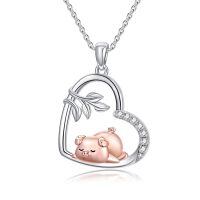 wholesale 925 Sterling Silver Heart-Shaped Pig Pendant Necklace with Cubic Zirconia Stones - Gifts for Her Him-Pig