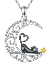 wholesale 925 Sterling Silver Moon & Cat Charm Necklace for Women Girls Gifts Jewelry-Moon Cat-1
