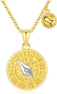 wholesale Gold 925 Sterling Silver Compass Pendant with Horoscope Signs - 24K Gold Plated Jewelry for Women and Men (Taurus)-Gemini