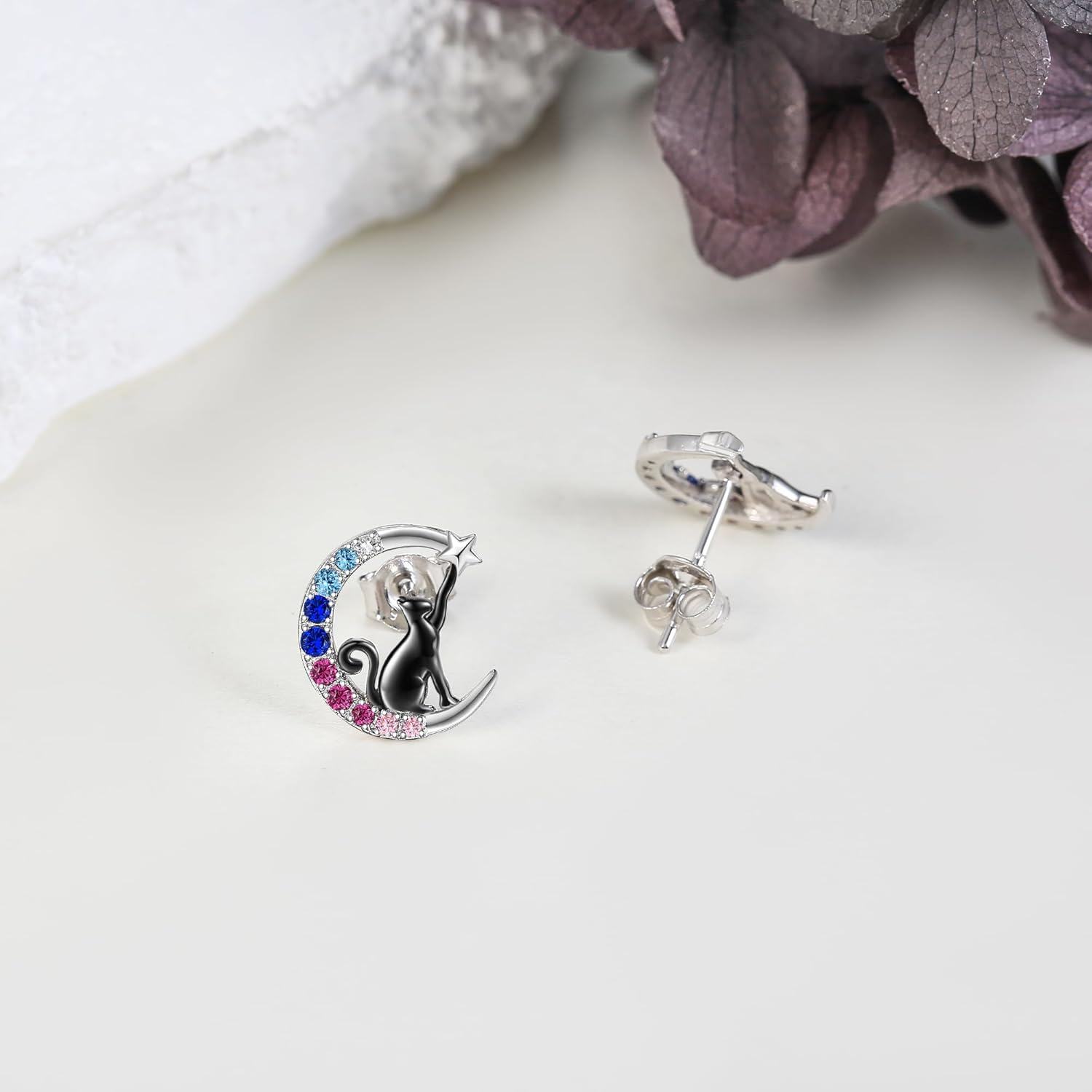  Sterling Silver Moon Cat Stud Earrings for Women Animal Earrings -0-4