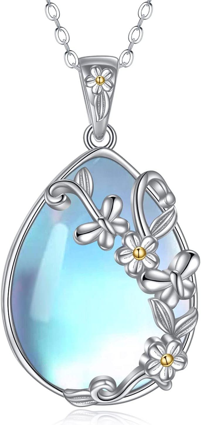 Sterling Silver Moonstone Filigree Teardrop Pendant Necklace for Women-C-Daisy Butterfly Moonstone