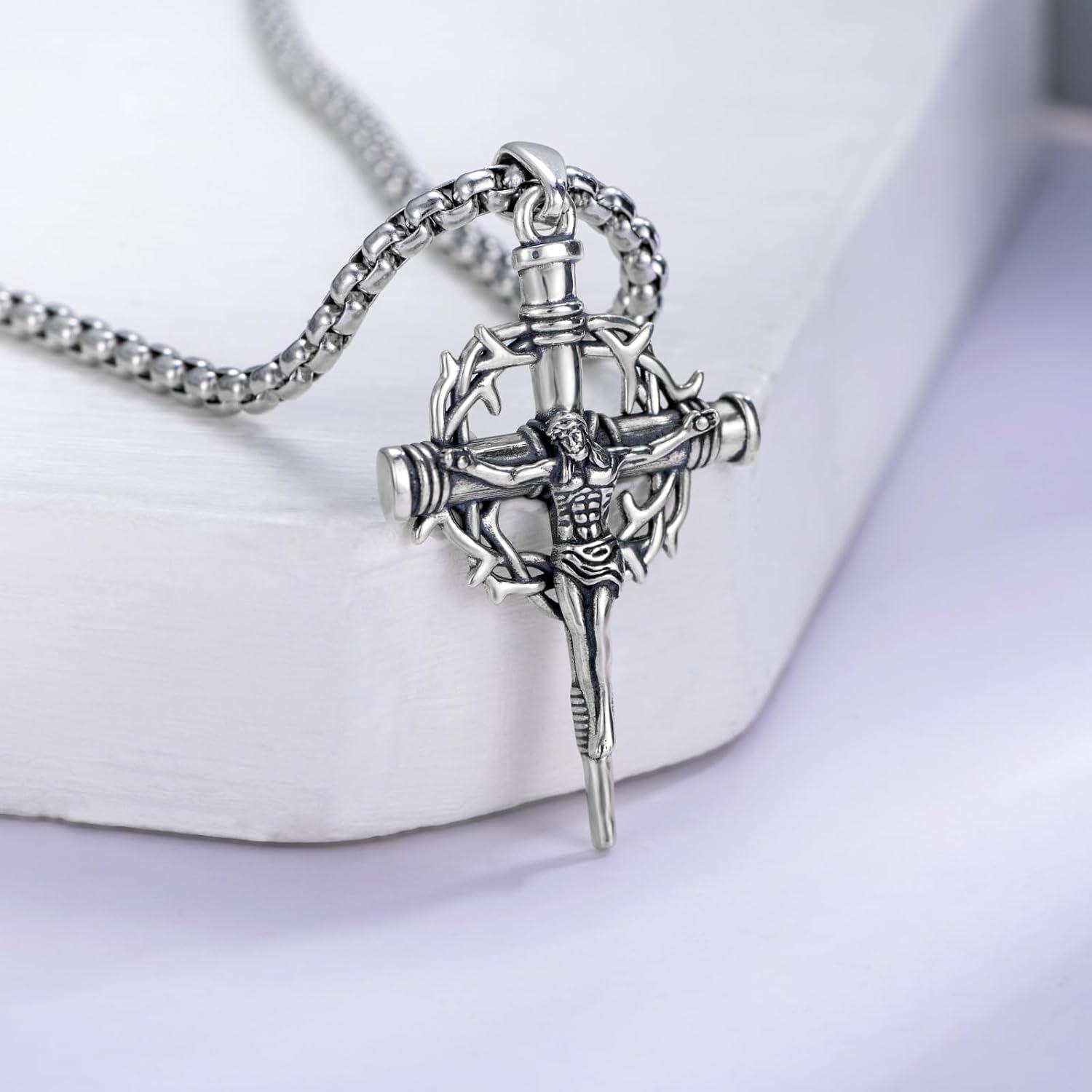 wholesale 925 Sterling Silver Crucifix Pendant Necklace with Stainless Steel Chain with Crown of Thorns - Religious Jewelry for Men & Women-0-1
