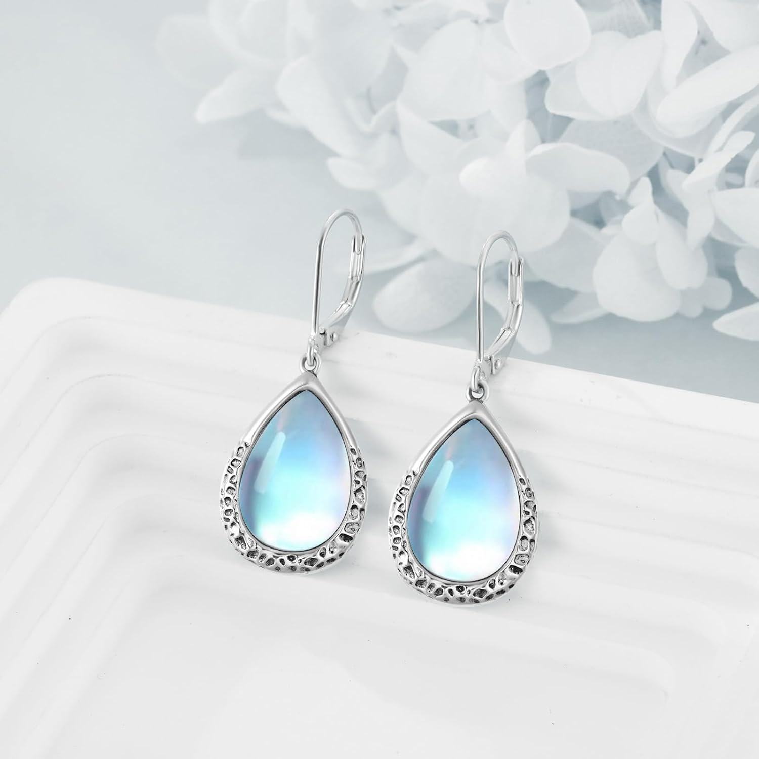 Sterling Silver Moonstone Dangle Drop Earrings Leverback Jewelry-0-3