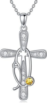 wholesale 925 Sterling Silver Birthstone Crystals Stethoscope Necklace for Nurse Doctor Medical Student-11-Nov-Citrine