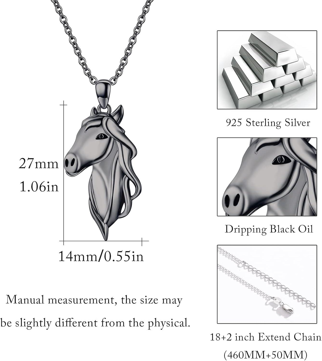 925 Sterling Silver Black Plated Horse Head with Clear CZ Stone Pendant Necklace for Women and Girls-0-4