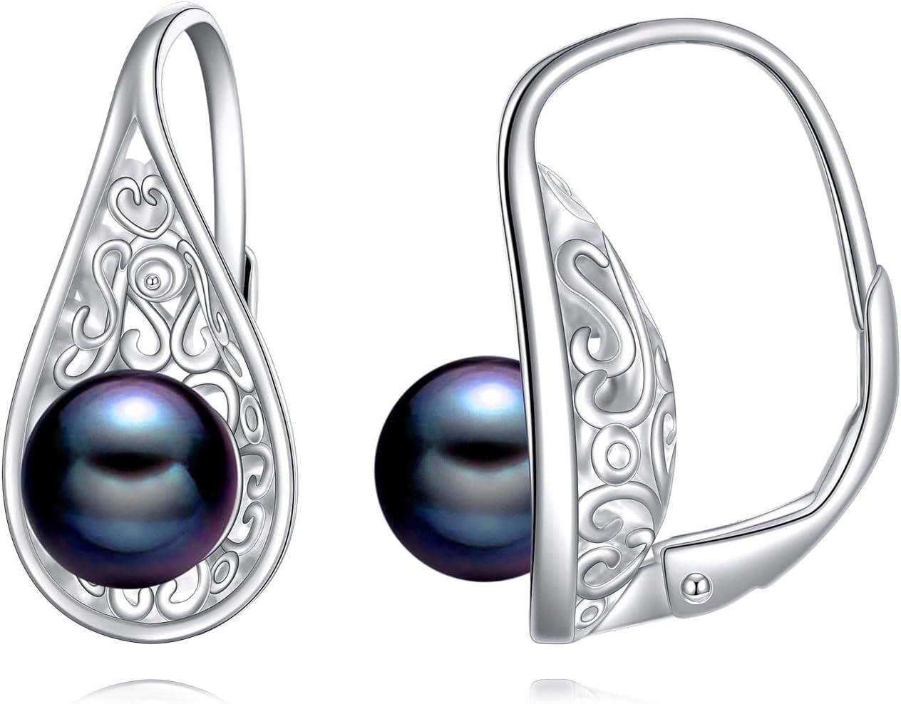 Sterling Silver Birthstone Vintage Teardrop Dangle Earrings for Women-Pearl -Black