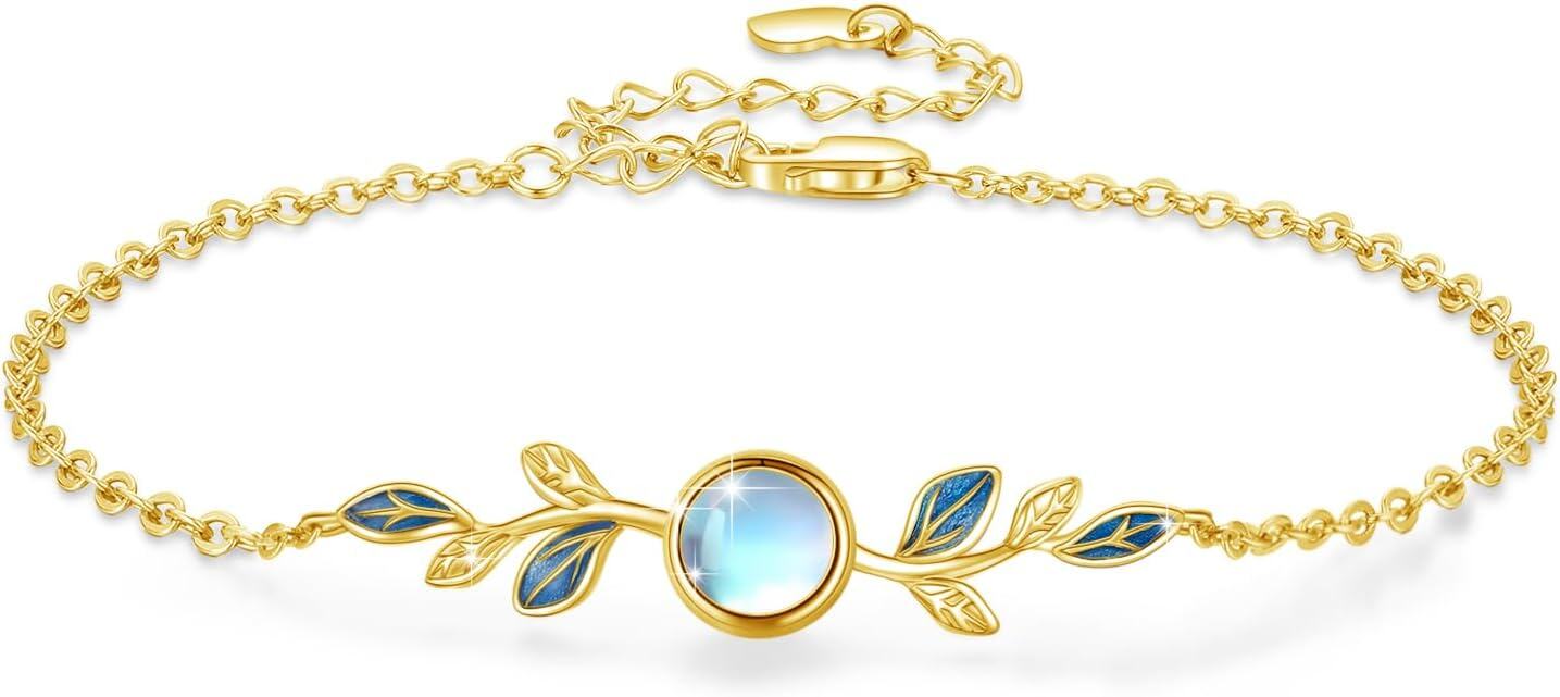 wholesale Gold 925 Sterling Silver Blue Enamel Leaves & Round Stone Charm Bracelet for Women's Gifts-0-0