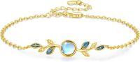 wholesale Gold 925 Sterling Silver Blue Enamel Leaves & Round Stone Charm Bracelet for Women's Gifts-D-Gold