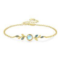 wholesale Gold 925 Sterling Silver Blue Enamel Leaves & Round Stone Charm Bracelet for Women's Gifts-D-Gold