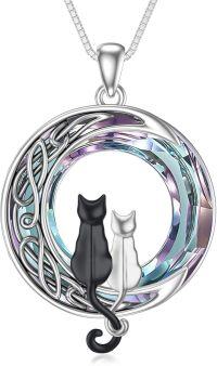 wholesale 925 Sterling Silver Cat on the Moon Pendant Necklace with Blue Circle Crystal for Women-2 Cats(Black and Silver)-Purple Crystal-02-C