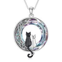 wholesale 925 Sterling Silver Cat Pendant Necklace-2 Cats(Black and Silver)-Purple Crystal-02-C