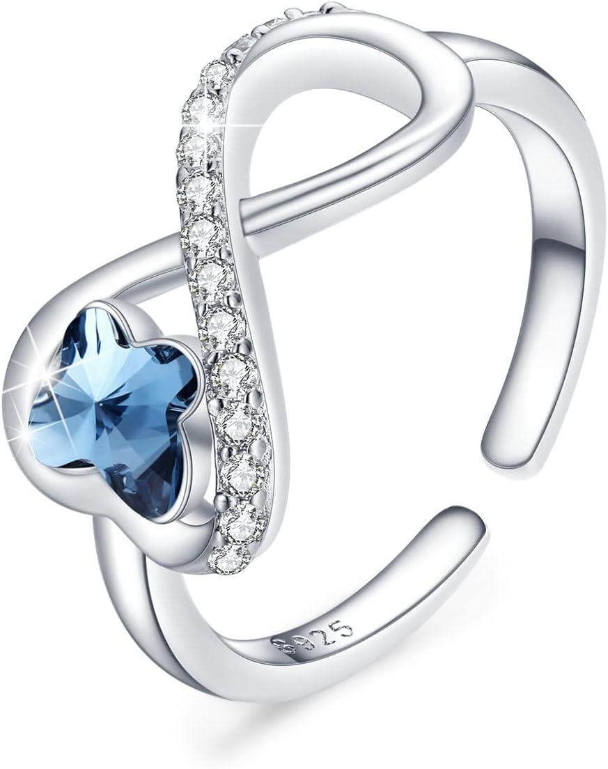 wholesale Sterling Silver Moonstone Adjustable Rings Star Infinity Feather Wings Leaf Bands-Blue Crystal Infinity Butterfly Open Ring