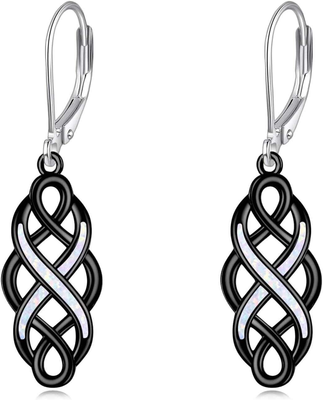 wholesale 925 Sterling Silver Black and White Opal Celtic Knot Drop Earrings with Leverbacks for Women-Black-Celtic Earrings