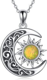 wholesale 925 Sterling Silver Green Fire Opal Lapis Lazuli Sun & Moon Crescent Star Pendant Necklace Jewelry for Women Girls Gifts 43mm x 68mm-Opal
