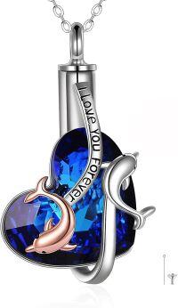 wholesale 925 Sterling Silver Blue Crystal Heart with Dolphins and I Love You Forever Message Pendant Necklace-I love your forever urn necklace