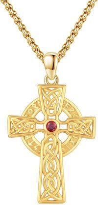 wholesale Gold 925 Sterling Silver Celtic Cross Pendant with Red Garnet Gemstone Norse Valknut Amulet Necklace for Men & Women-Gold Plated