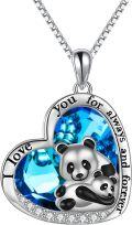 wholesale 925 Sterling Silver Blue Crystal Heart Panda Pendant Necklace Gift for Her-0-0