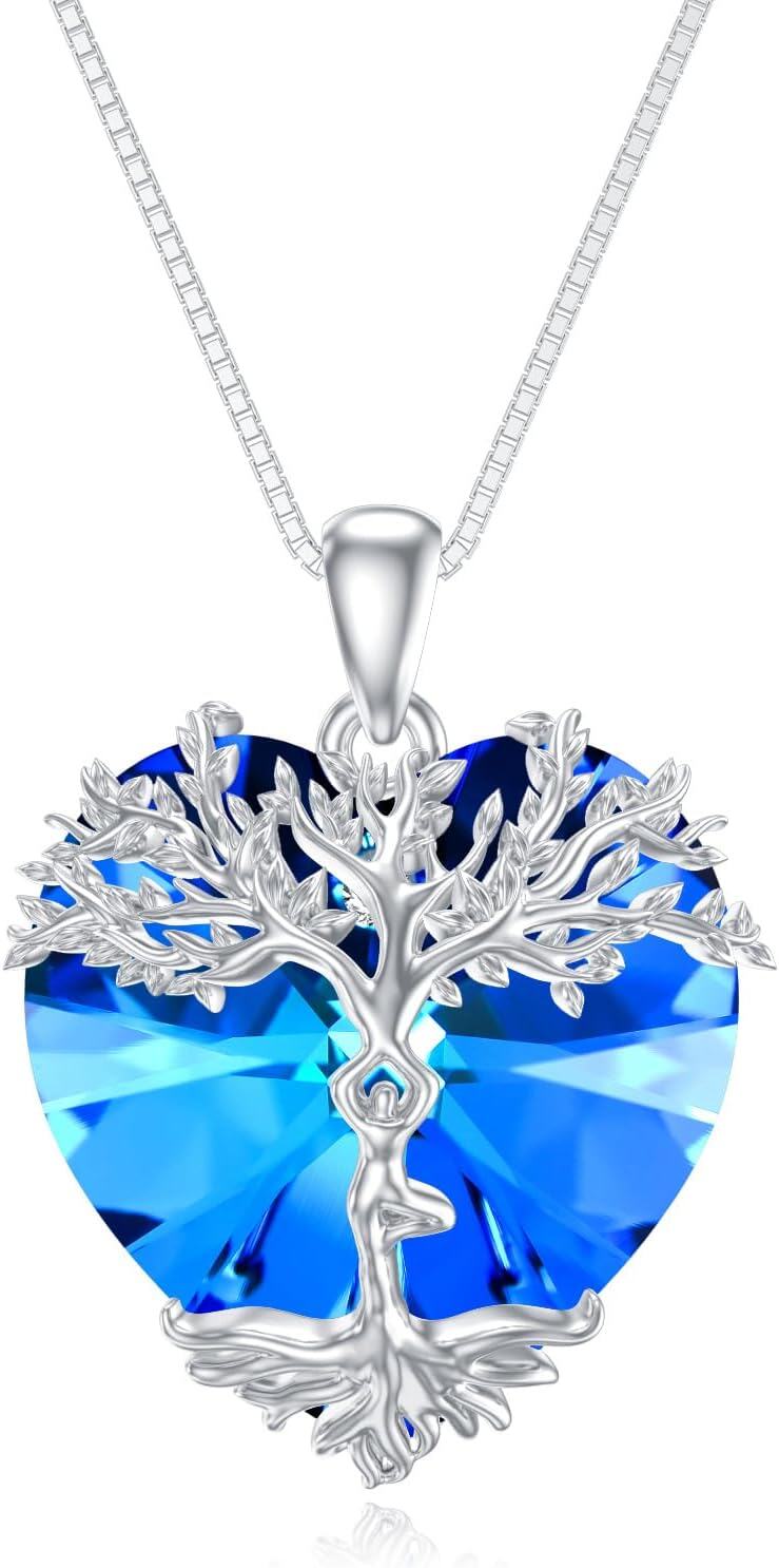 wholesale 925 Sterling Silver Blue Crystal Heart Tree of Life Pendant Necklace s for Women Girls-0-0
