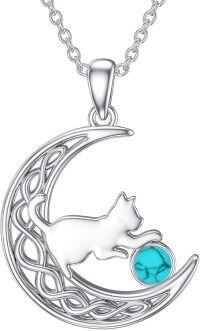 wholesale Sterling Silver Birthstone Cat in Moon Pendant Necklace for Women-Turquoise