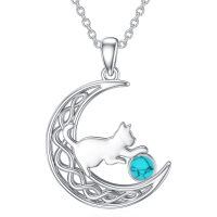 wholesale 925 Sterling Silver Cat And Moon Necklace Wholesale With Ruby Charm-Turquoise