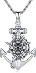 wholesale 925 Sterling Silver Ship Wheel & Anchor Pendant Nautical Necklace-0-0