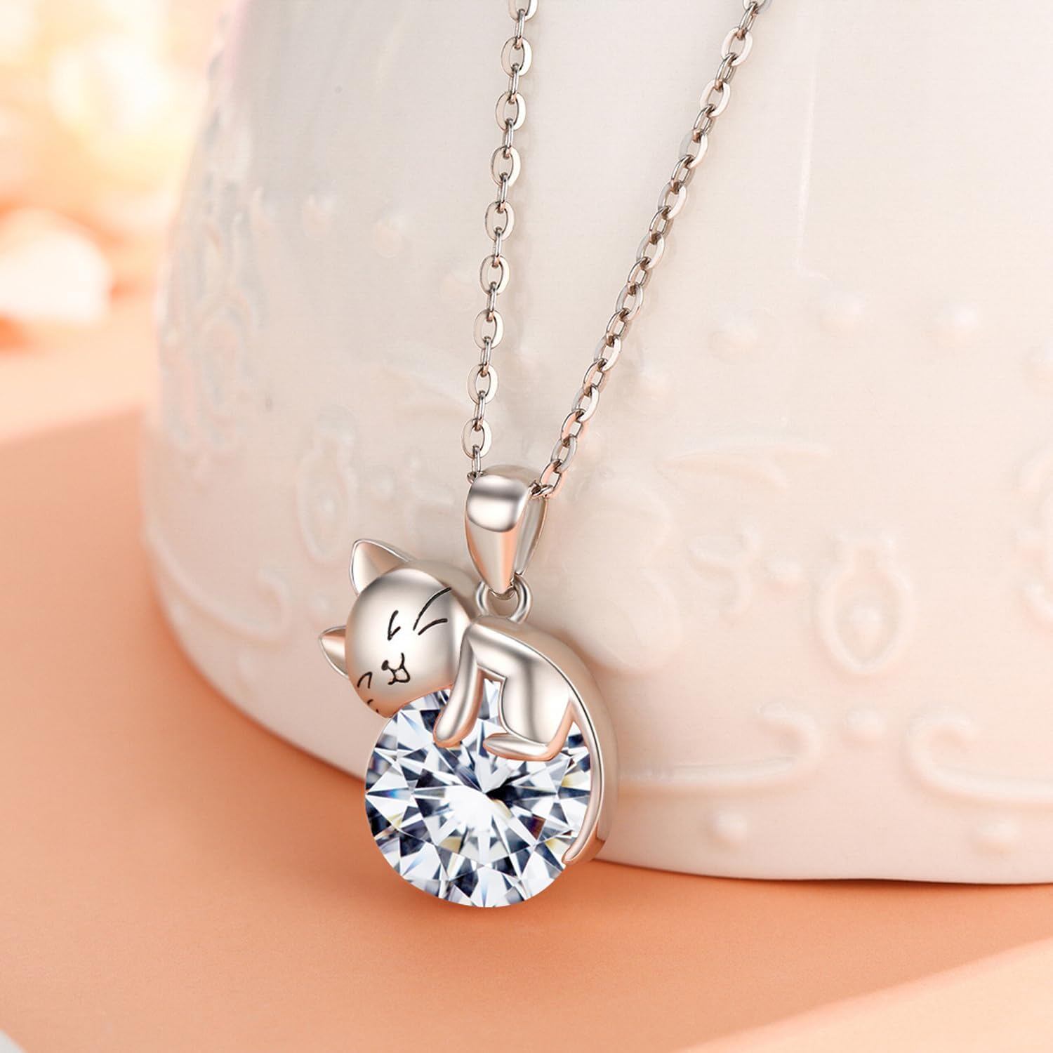 Birthstone Cat Pendant Necklace Gift for Women