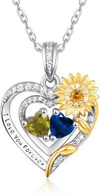 wholesale Sterling Silver 2 Birthstones Sunflower Heart Necklace for Women-08-09-Aug-Sept