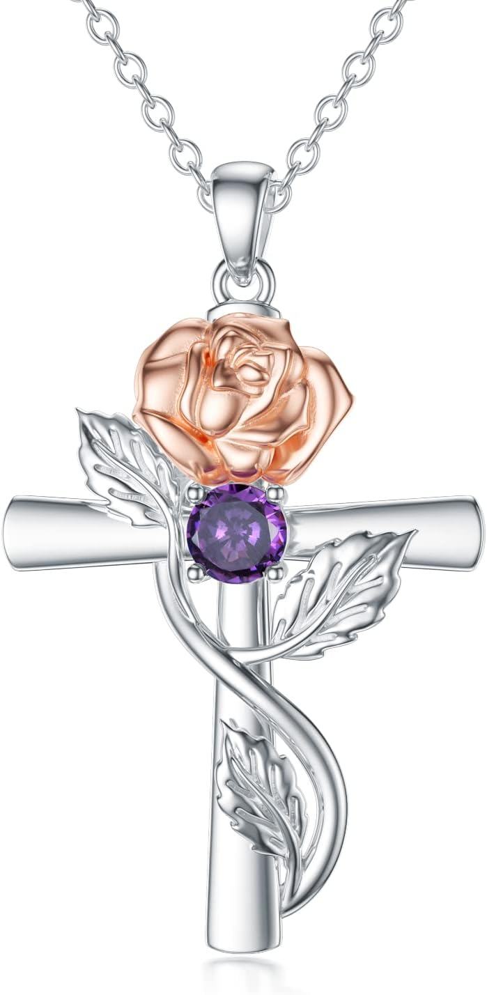 Sterling Silver 12 Birthstone Flower Pendant Necklace for Women-6-June-Rose