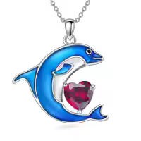 wholesale 925 Sterling Silver Birthstone Blue Dolphin Pendant Necklace-July