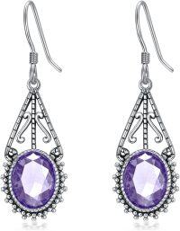 wholesale Sterling Silver 10mm Oval Cut Birthstone Oxidized Filigree Dangle Earrings-06-Light Purple