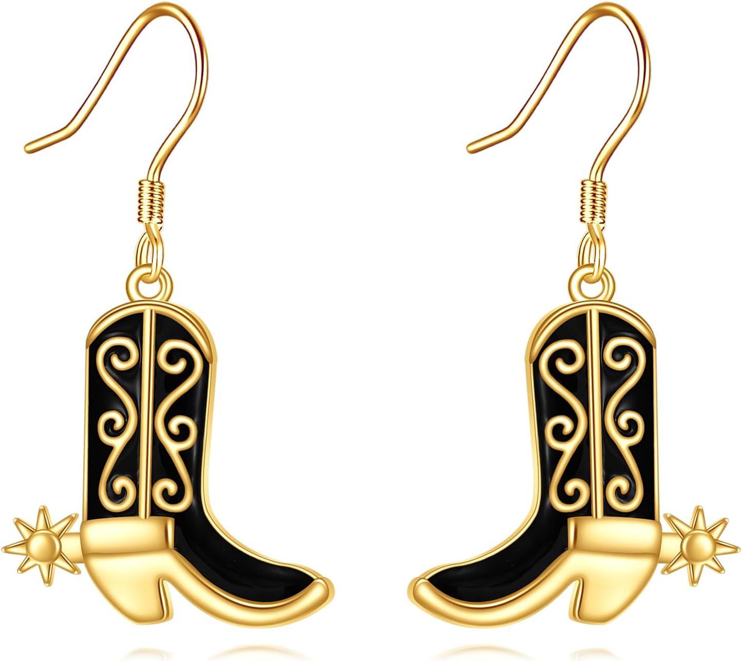 Sterling Silver Stone Western Cowgirl Boots Hat Cow Earrings Boho Dangle Drop-Black Texas Boots