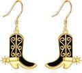 wholesale 925 Sterling Silver Cowboy Boot Shape Black Enamel Star Charm Hook Earring Set for Women Girls Bohemian  4cm Long-0-0