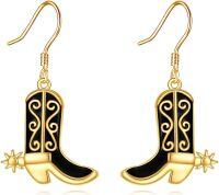 wholesale 925 Sterling Silver Cowboy Boot Shape Black Enamel Star Charm Hook Earring Set for Women Girls Bohemian  4cm Long-Black Texas Boots