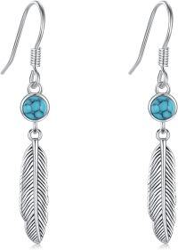 wholesale 925 Sterling Silver Turquoise & Moonstone Feather Drop Earrings-Turquoise-A