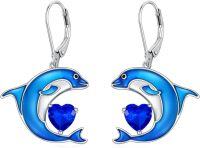 wholesale Sterling Silver Birthstone Blue Dolphin Dangle Earrings for Women-September