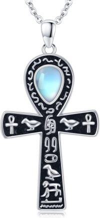 wholesale 925 Sterling Silver Ankh Necklace with Moonstone and Turquoise Agate Egyptian Cross Pendant-Silver-Moonstone
