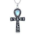 wholesale 925 Sterling Silver Ankh Necklace with Moonstone and Turquoise Agate Egyptian Cross Pendant-0-0