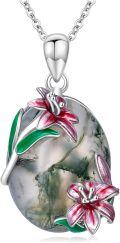 wholesale 925 Sterling Silver Moss Agate Oval Pendant with Lily Flowers and Chain for Women-0-0