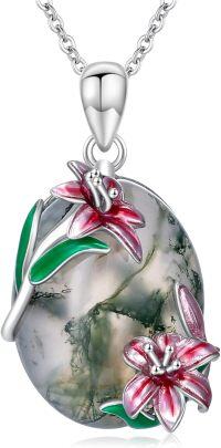 wholesale 925 Sterling Silver Moss Agate Oval Pendant with Lily Flowers and Chain for Women-Lily Flower