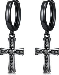 wholesale 925 Sterling Silver Cross Drop Earrings with Black Stones and Turquoise Accents-Cross