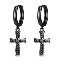 wholesale 925 Sterling Silver Cross Drop Earrings Wholesale with Black Stones and Turquoise Accents-Cross