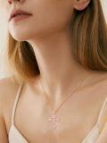 wholesale 925 Sterling Silver White Fire Opal Flower Cross Pendant Necklace for Women-0-4