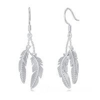 wholesale 925 Sterling Silver Double Feather Drop Earrings For Women Dangle Chain Hook Jewelry-Feather